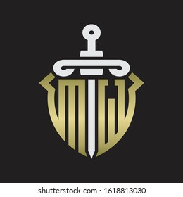 MW Logo monogram with sword and shield combination isolated with gold colors