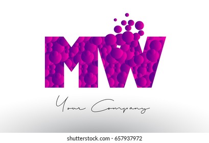 MW M W Dots Letter Logo with Purple Pink Magenta Bubbles Texture Vector.