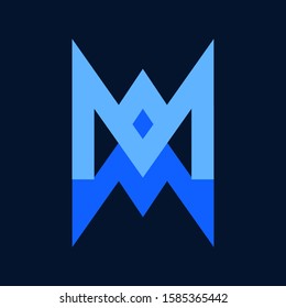 MW monogram logo.Typographic icon with letter m and letter w isolated on dark background.Blue color lettering sign.Alphabet initials.Character graphic shape for branding.Modern,geometric,web style.