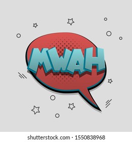 MWAH kiss comic text speech bubble pop art design. Funni comics book sound cloud. Halftone vector illustration label. Explosion comic cartoon effect. Sketch cartoon text character on halftone cloud.