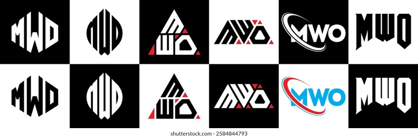 MWO letter logo design in six style. MWO polygon, circle, triangle, hexagon, flat and simple style with black and white color variation letter logo set in one artboard. MWO minimalist and classic logo