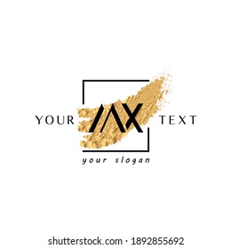 Logotipo de letra MX con pincel de oro y marco de material negro cuadrado 
