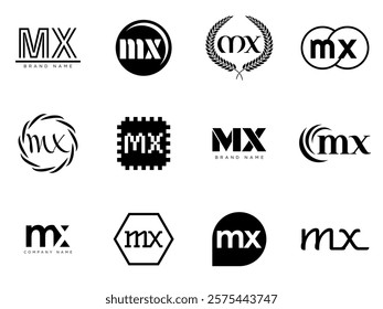 MX logo company template. Letter m and x logotype. Set different classic serif lettering and modern bold text with design elements. Initial font typography. Collection trendy business identity.