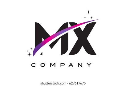 MX M X Black Letter Logo Design with Purple Magenta Swoosh and Stars.
