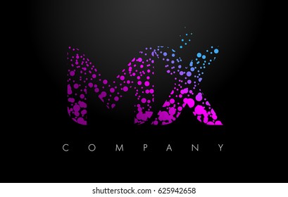 MX M X Letter Logo with Purple Blue Particles and Bubble Dots Design Vector.