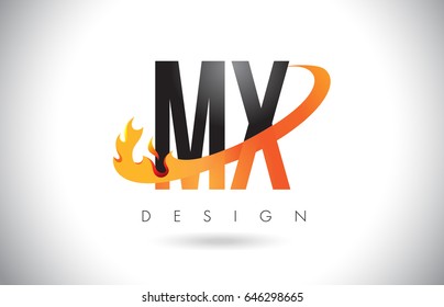 MX M X Letter Logo Design with Fire Flames and Orange Swoosh Vector Illustration.