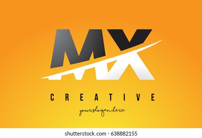 MX M X Letter Modern Logo Design with Swoosh Cutting the Middle Letters and Yellow Background.