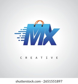MX Shopping Monogram – Entrega rápida Logotipo de comercio electrónico con el icono del bolso y la marca digital para la tienda en línea, venta al por menor e identidad logística
