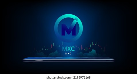 MXC cryptocurrency symbol come out from smartphone with growth chart. Trading crypto currency on application. Financial investment banner for news or website. Icon coin token vector EPS10.