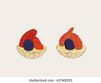 mxed berry tart , strawberry and blueberry mini tart , sketch vector.