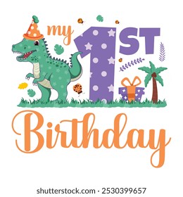 My 1st Birthday, First Birthday, Dinosaur Birthday, birthday boy, invitation, greeting card, Party hat, Balloon, Gift box, confetti, Apatosaurus, Decoration, First Year, Baby Milestone, T-shirt design