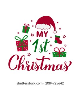 My 1st Christmas calligraphy hand lettering. Baby first Christmas. Funny holidays quote.  Vector template for typography poster, banner, greeting card, sticker, kids clothes, etc.