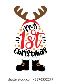 My 1st Christmas - cute reindeer antler and boots. Good for baby clotes, greeting and invitaton card print,  label and other decoration for Christmas.