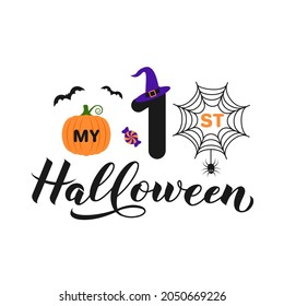 My 1st Halloween calligraphy hand lettering. Halloween quote.  Vector template for greeting card, banner, typography poster, kids clothes, etc.