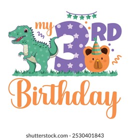 My 3rd Birthday, Third Birthday, Dinosaur Birthday, birthday boy, invitation, greeting card, Bear, Balloon, confetti, Apatosaurus, Decoration, Third Year, Baby Milestone, Cupcake, T-shirt design