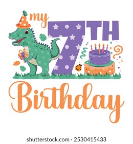 My 7th Birthday, Seventh Birthday, Dinosaur Birthday, birthday boy, invitation, greeting card, Gift Box, Balloon, confetti, Apatosaurus, Decoration, Seventh Year, Baby Milestone, Cake, T-shirt design