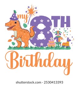 My 8th Birthday, Eighth Birthday, Dinosaur Birthday, birthday boy, invitation, greeting card, Gift Box, Joker, confetti, Apatosaurus, Decoration, Eighth Year, Baby Milestone, Cake, T-shirt design