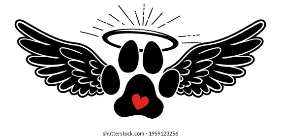 My angel has paws - Hand drawn positive memory phrase. Modern brush calligraphy. Rest in peace, rip yor dog or cat. Love your dog. Inspirational typography poster with pet paws and angel wings, gloria