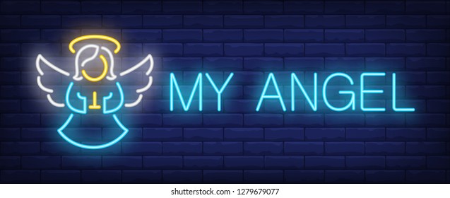 My angel neon text and cute girl with wings praying. Christmas or Easter design element. Night bright neon sign, colorful billboard, light banner. Vector illustration in neon style.