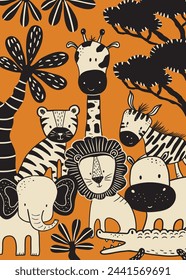 My Beautiful Savanna poster from cutie animals series. Delight in hand-drawn cartoon animals in charming flat style, capturing the beauty of savanna. Vector illustration nice for kids designs.