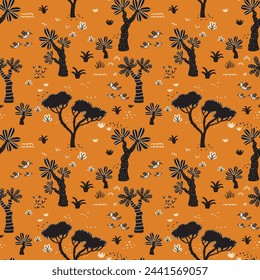 My Beautiful Savanna seamless pattern from cutie animals series. Serene landscape in hand-drawn cartoon flat style, capturing the beauty of savanna life. Vector illustration nice for kids prints