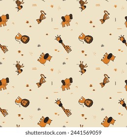 My Beautiful Savanna seamless pattern from cutie animals series. Endearing hand-drawn cartoon animals in a charming flat style, sparse version of pattern. Vector illustration nice for kids decorations