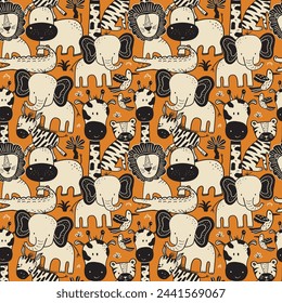 My Beautiful Savanna seamless pattern from cutie animals series. Fun in hand-drawn cartoon animals in charming flat style, dense composition on burnt orange. Vector illustration nice for kids prints