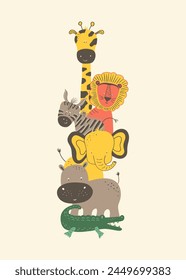 My Beautiful Savanna Series charming poster. Featuring hand drawn cartoon animals in a delightful flat style. Set against beige backdrop this vertical vector illustration is perfect for kids designs.