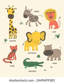 My Beautiful Savanna Series infographic poster. Hand drawn cartoon animals in a vibrant delightful flat design grace this vertical vector illustration, ideal for kids designs on a beige backdrop.