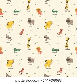 My Beautiful Savanna Series seamless pattern. Hand drawn cartoon animals in a vibrant delightful flat design grace this vertical vector illustration, ideal for kids designs on a beige backdrop.