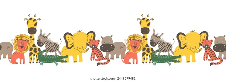 My Beautiful Savanna Series seamless pattern. Hand drawn cartoon animals in a vibrant delightful flat design grace this vertical vector illustration, ideal for kids designs on a beige backdrop.