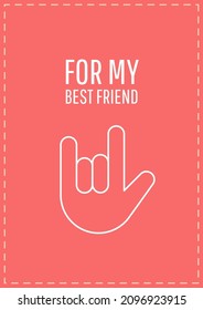 For my best friend postcard with linear glyph icon. Rock horns sign. Greeting card with decorative vector design. Simple style poster with creative lineart illustration. Flyer with holiday wish