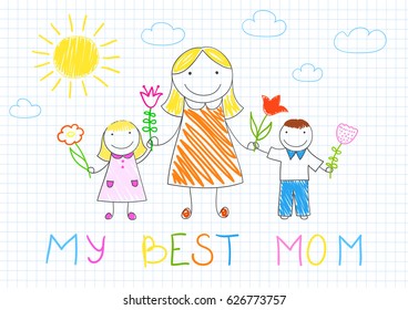 My best mom. Happy family - mother, her son and daughter with flowers. Vector sketch on notebook page on doodle style. Mother's day