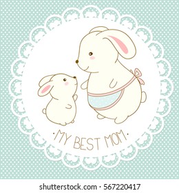 Mi mejor madre. Fondo vectorial con lindos conejos al estilo kawaii. Tarjeta del día de la madre. Cartel, cartel, cartel de vacaciones para scrapbooking, saludos, decoración, felicitaciones, invitación en colores retro