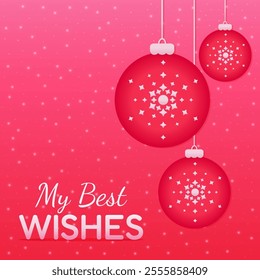 My best wishes slogan on red beautiful background with christmas balls for winter holidays celebration, christmas, new year. Vector illustration.Card, banner, template, social media post.