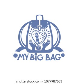 My Big Bag. In heart backpack with a lighthouse, sea birds and twig. In your hands. Design flat template of bag and inscription can be used as a logo, print on a T-shirt, in haberdashery, embroidery a