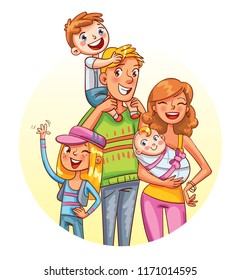 My big family together. Family portrait. Placed in a circle. Funny cartoon character. Vector illustration. Isolated on white background.