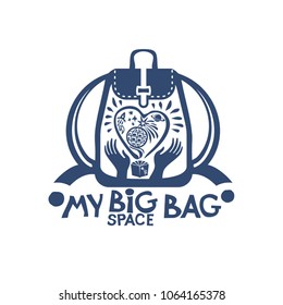 My Big space Bag. Vector backpack with a big heart and planets in space in your hands. Design flat template can be used as a logo, print on a T-shirt, in haberdashery, embroidery and others.
