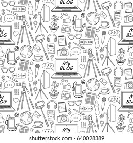 My Blog object seamless pattern. Vector wallpaper with blogging elements for covers, web banners, coloring books.