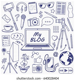 My Blog object set with doodle elements. Vector pattern with blogging symbols for covers, web banners, coloring books.