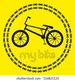 My BMX bike icon (logo or label). Isolated Black Silhouette of bicycle in chain circles. Vector Illustration