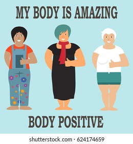 My body is amazing phrase. Girl with natural beautiful on white background.  Body positive concept with flat design