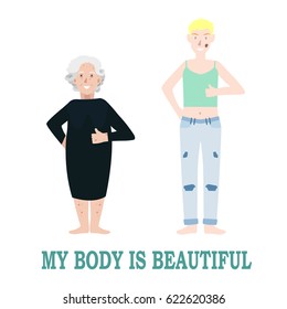 My body is beautiful phrase. Girl with natural beautiful on white background.  Body positive concept with flat design