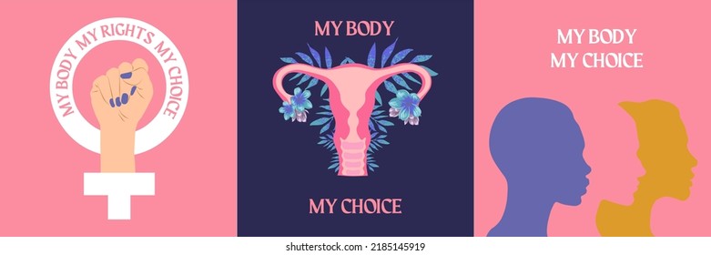 My Body My Choice. Uterus With Flowers, Female Reproductive System. Concept Of Female Rights To Abortion. Protest.