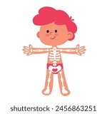 My body, educational anatomy body organ for kids. Structure of the human body. Cartoon little boy and his body systems skeleton, internal organs. Anatomical structure of human, child front view.