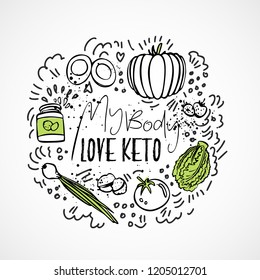 My Body Love Keto Food - vector sketch illustration - two-colored sketch healthy concept. Healthy keto food with texture and decorative elements in a circle form - all nutrients, like fats, carbs and