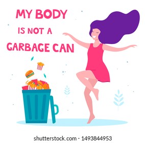 My body is not a garbage can. Concept of healthy eating. Fast food in a trash can.