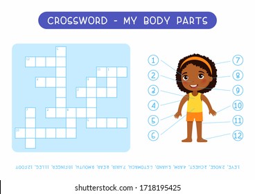 My body parts crossword flat vector template. Learning human anatomy kids puzzle, cute worksheet, educational game with little girl cartoon character. English cross word with external organs names