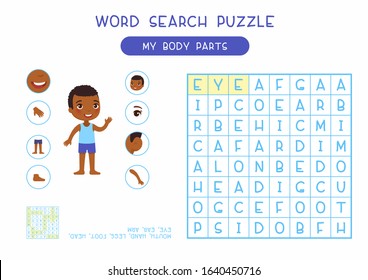 My Body Parts Word Search Puzzle Flat Vector Design. Anatomy Learning Game For Kids Template, Cartoon Worksheet Idea. Childish Printable Crossword With Human External Organs Names Layout