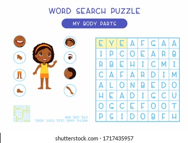 My Body Parts Word Search Puzzle Flat Vector Design. Anatomy Learning Game For Kids Template, Cartoon Worksheet Idea. Childish Printable Crossword With Human External Organs Names Layout